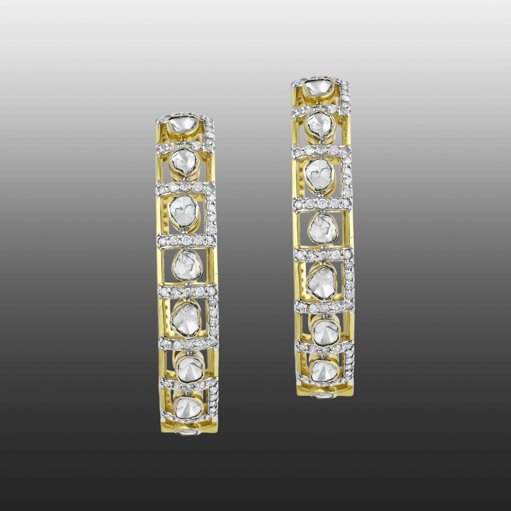 Polki Hoop Earrings with Geometric Linear Design